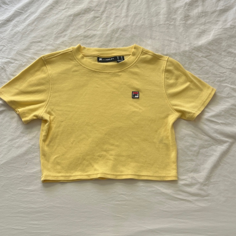 FILA x Hailey Stretch Cotton Rib Baby Tee in popcorn yellow.